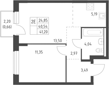 Планировка: Евродвушка 40,5 м² в ЖК «Горки Парк»