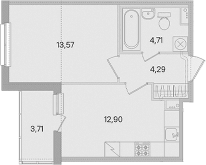 Планировка: 1-комнатная квартира 35,5 м² в ЖК «Ясно.Янино»