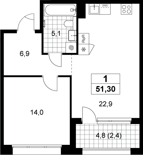 Планировка: Евродвушка 48,9 м² в ЖК «Хольм»