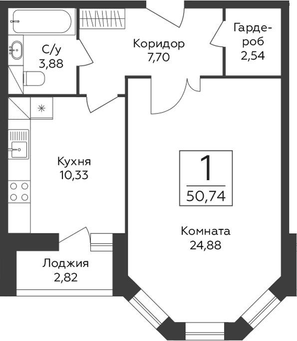 Планировка: 1-комнатная квартира 49,3 м² в ЖК «Пахра Сити»