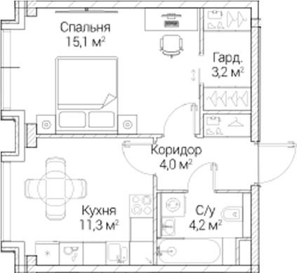 Планировка: 1-комнатная квартира 37,8 м² в ЖК «СЕЗАР БУДУЩЕЕ»