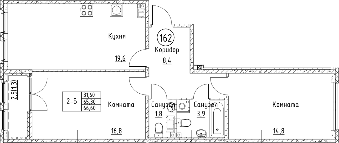 Планировка: Евротрёшка 65,3 м² в ЖК «Кронунг Юг»