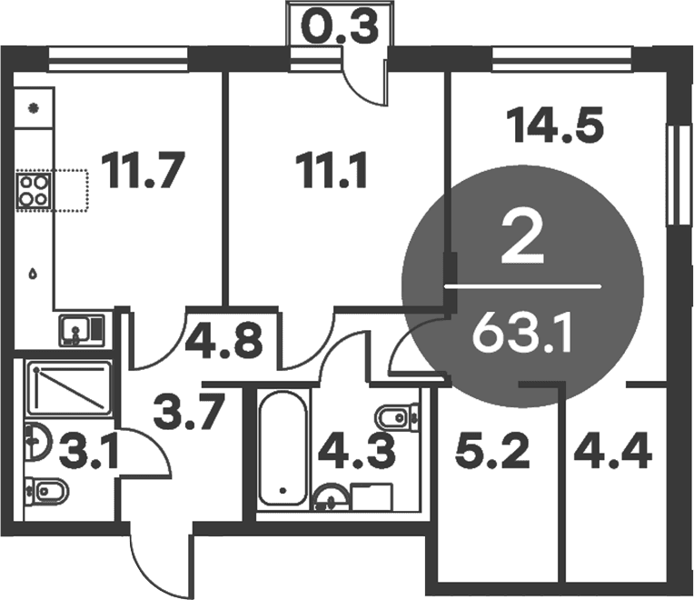 Планировка: 2-комнатная квартира 62,8 м² в ЖК «Равновесие»