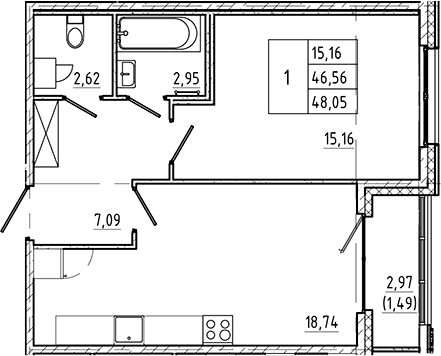 Планировка: 1-комнатная квартира 46,6 м² в ЖК «Регенбоген»
