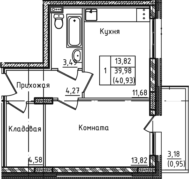 Планировка: 1-комнатная квартира 40 м² в ЖК «Зеленый город»