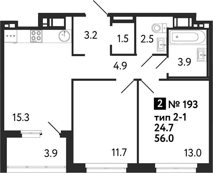 Планировка: 2-комнатная квартира 56 м² в ЖК «Литера»