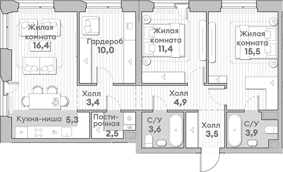 Планировка: Евротрёшка 80,1 м² в ЖК «НАТИВ»