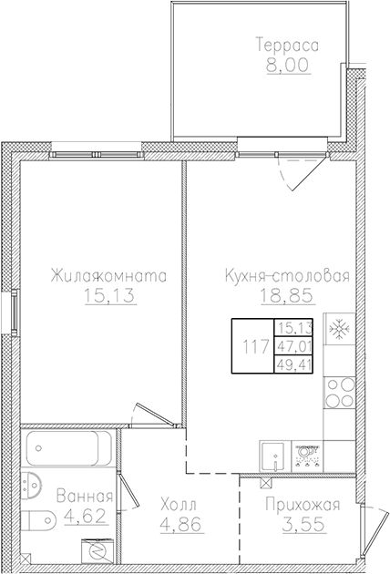 Планировка: Евродвушка 47 м² в ЖК «Счастье 2.0»