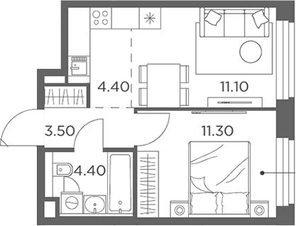 Планировка: Евродвушка 34,7 м² в ЖК «Белый Град»