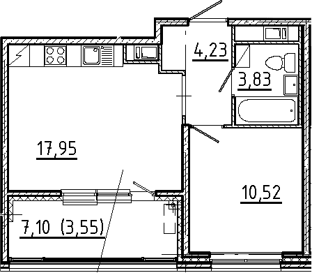 Планировка: Евродвушка 36,5 м² в ЖК «Новгородская 8»