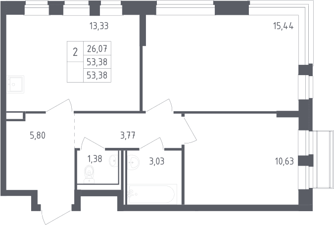 Планировка: 2-комнатная квартира 53,4 м² в ЖК «Рублевский квартал»