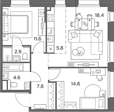 Планировка: Евротрёшка 65,7 м² в ЖК «Станиславский»