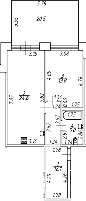 Планировка: 1-комнатная квартира 55,5 м² в ЖК «Новый Питер»