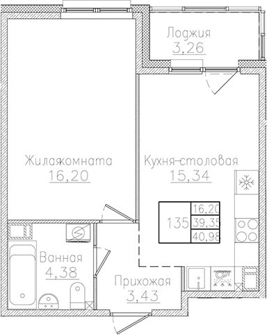 Планировка: Евродвушка 39,4 м² в ЖК «Счастье 2.0»