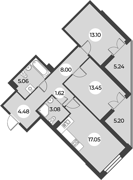 Планировка: Евротрёшка 65,8 м² в ЖК «Огни Залива»