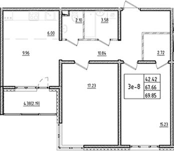 Планировка: Евротрёшка 67,7 м² в ЖК «ЛесАрт»