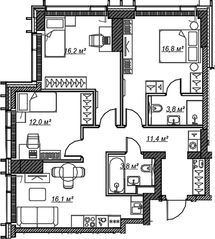 Планировка: Квартира евро-4 80,1 м² в ЖК «Веер»