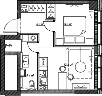Планировка: Евродвушка 31,7 м² в ЖК «Веер»