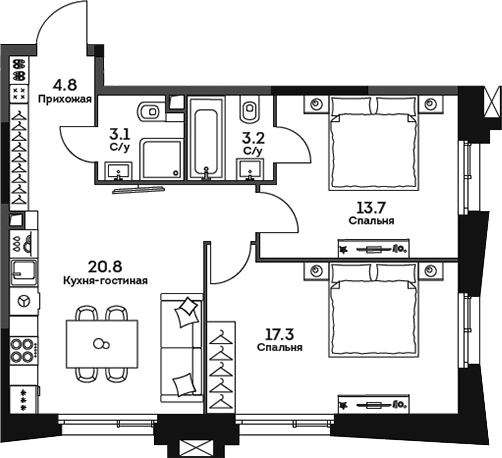 Планировка: Евротрёшка 62,9 м² в ЖК «ТВЕЛВ»