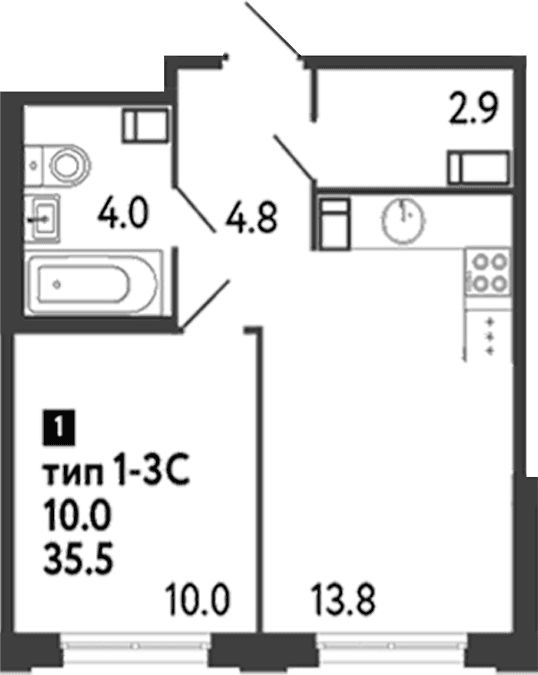 Планировка: 1-комнатная квартира 35,5 м² в ЖК «Струны»