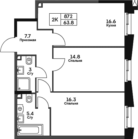 Планировка: 2-комнатная квартира 63,8 м² в ЖК «ТВЕЛВ»