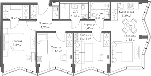 Планировка: Квартира евро-4 75,7 м² в ЖК «МИРА»