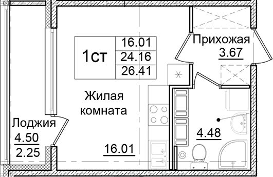Планировка: Студия 24,2 м² в ЖК «Квартал Заречье»