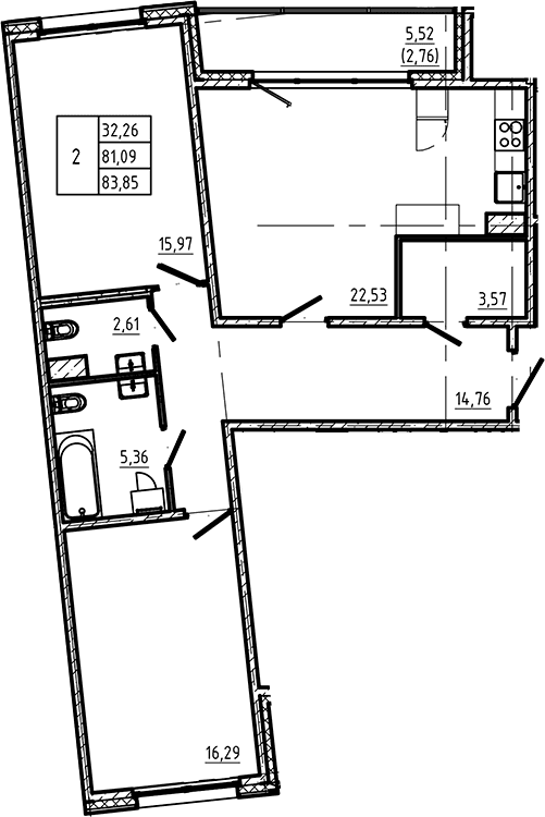 Планировка: 2-комнатная квартира 81,1 м² в ЖК «Регенбоген»