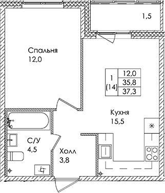 Планировка: 1-комнатная квартира 35,8 м² в ЖК «Ермак»