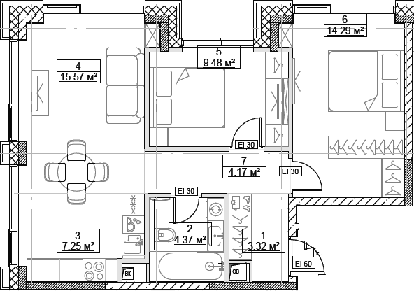 Планировка: Евротрёшка 58,5 м² в ЖК «Сити Бэй»