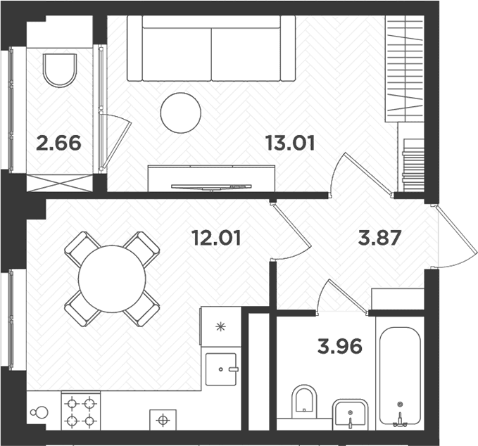 Планировка: 1-комнатная квартира 32,9 м² в ЖК «Новокасимово»
