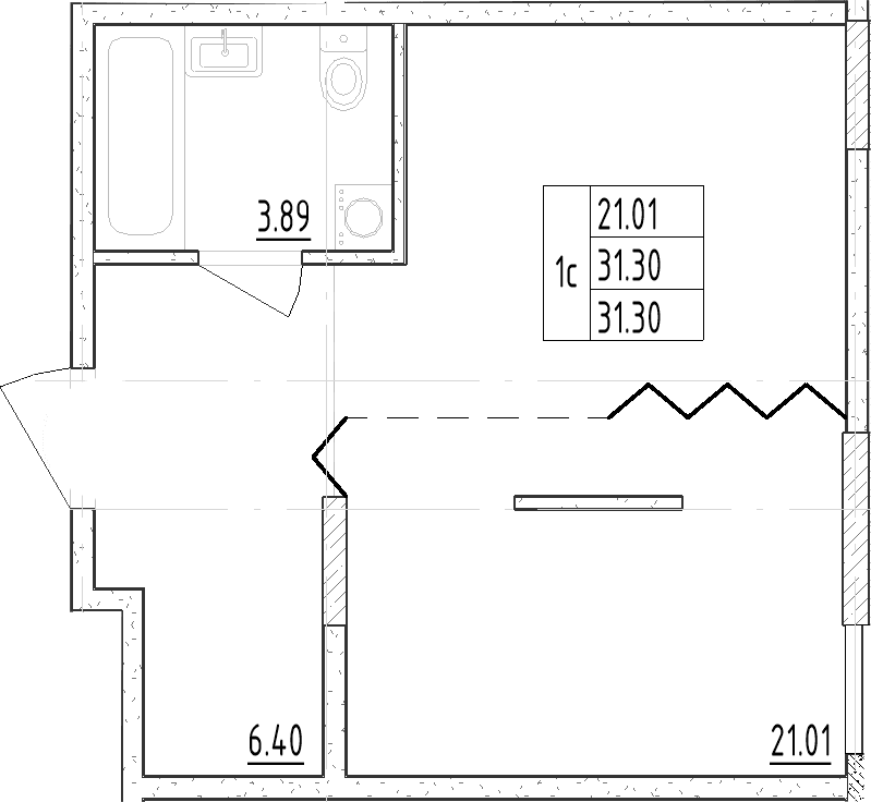 Планировка: Студия 31,3 м² в ЖК «Зум Черная Речка»
