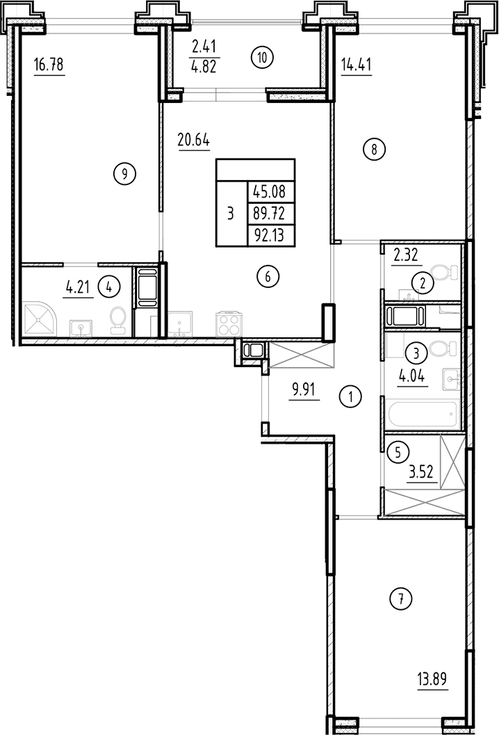 Планировка: Квартира евро-4 89,7 м² в ЖК «Ассамблея»
