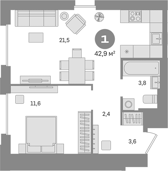 Планировка: 1-комнатная квартира 42,9 м² в ЖК «Квартал Герцена»