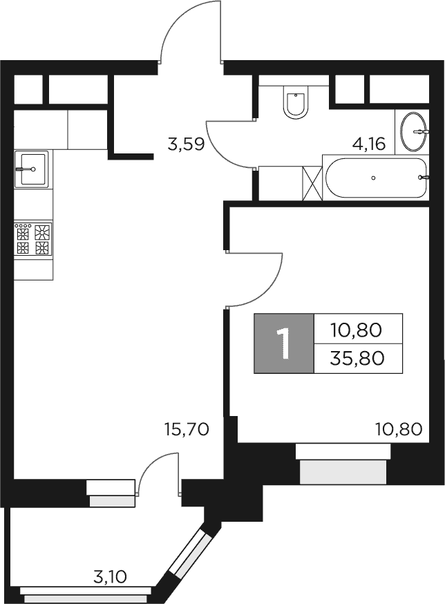 Планировка: Евродвушка 34,3 м² в ЖК «Восток 2»