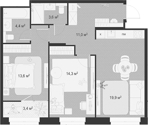 Планировка: Евротрёшка 66,8 м² в ЖК «Гранд Комфорт 3»