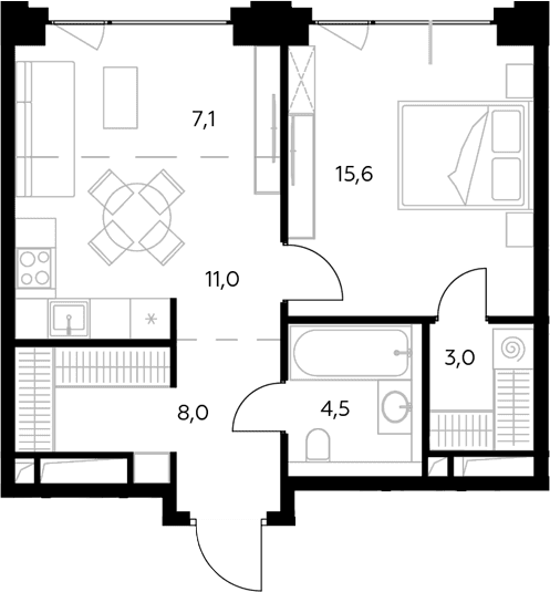 Планировка: Евродвушка 49,2 м² в ЖК «Монблан»