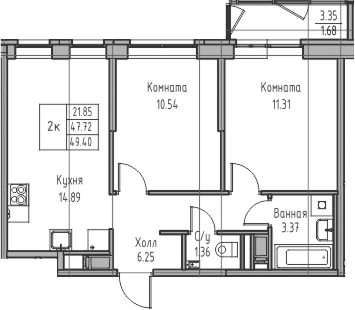 Планировка: Евротрёшка 47,7 м² в ЖК «Юнтолово»
