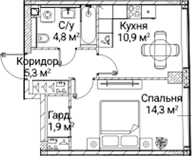 Планировка: 1-комнатная квартира 36,6 м² в ЖК «СЕЗАР БУДУЩЕЕ»