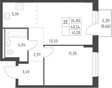 Планировка: Евродвушка 40,5 м² в ЖК «Горки Парк»