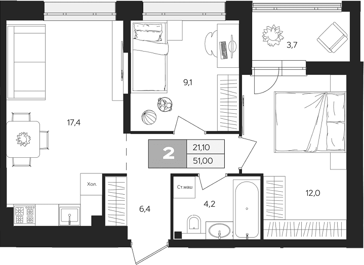 Планировка: 2-комнатная квартира 49,2 м² в ЖК «Ласточкино»