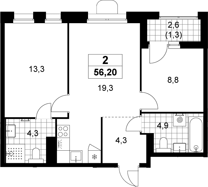 Планировка: Евротрёшка 54,9 м² в ЖК «Прокшино»