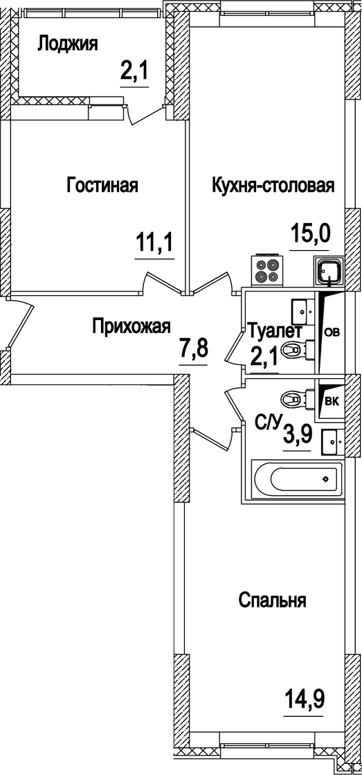 Планировка: Евротрёшка 55,2 м² в ЖК «Рассказово»