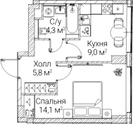 Планировка: 1-комнатная квартира 33,2 м² в ЖК «СЕЗАР БУДУЩЕЕ»