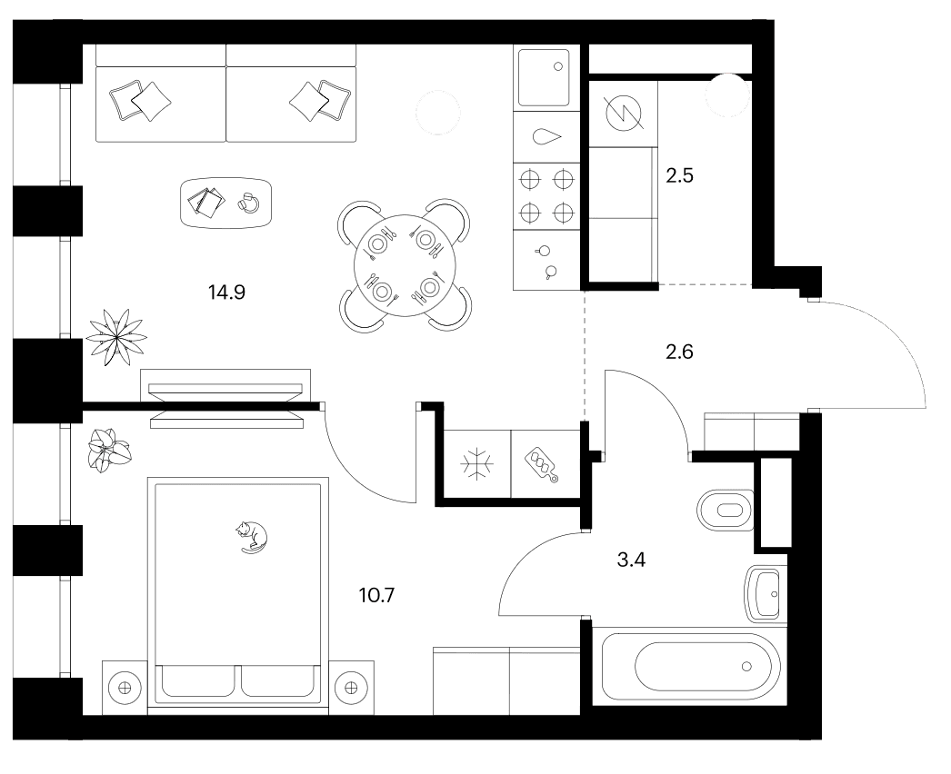 Планировка: 1-комнатная квартира 34,1 м² в ЖК «Строгино 360»