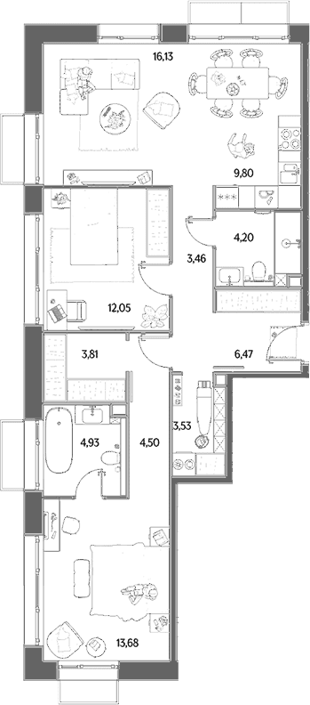Планировка: Евротрёшка 82,6 м² в ЖК «МЫС»