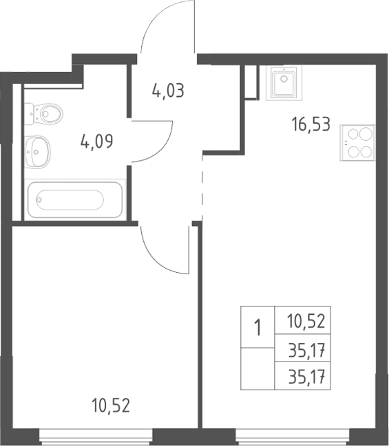 Планировка: Евродвушка 35,2 м² в ЖК «Егорово парк»