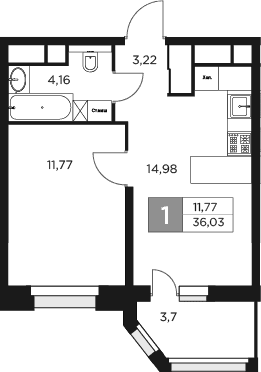 Планировка: 1-комнатная квартира 34,2 м² в ЖК «Восток 2»