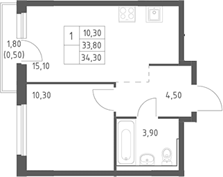 Планировка: Евродвушка 33,8 м² в ЖК «Химки Парк»