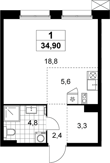 Планировка: Студия 34,9 м² в ЖК «Дзен-кварталы»